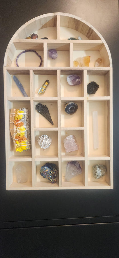 Wooden Crystal Display Shelf and Gemstone Bundle